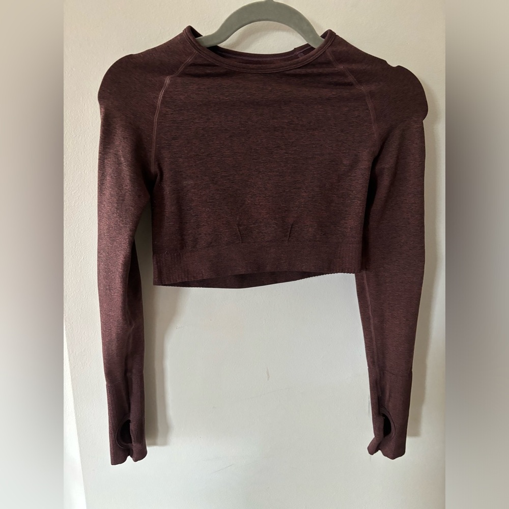 Dark purple/light brown workout top. Crop top with long sleeves and thumb holes.
